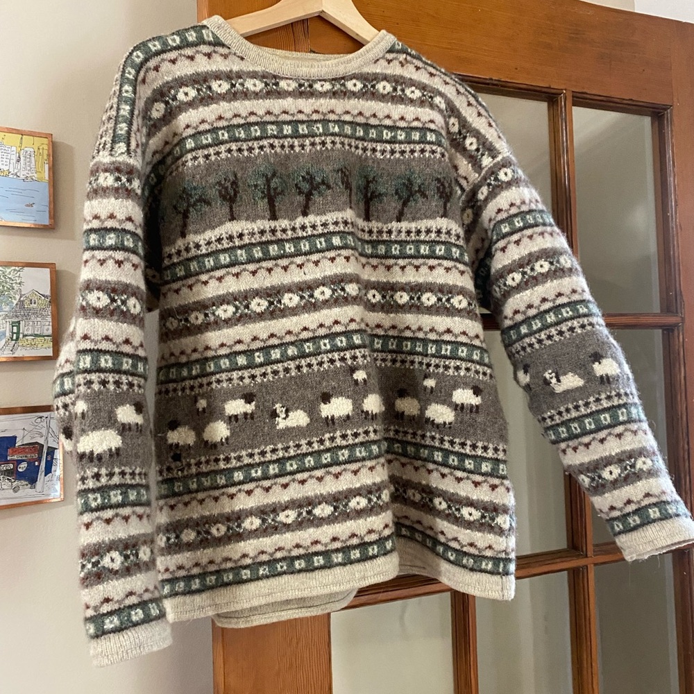 WOOLRICH Vintage Winter Garden Wool Pullover Sweater Sheep Trees Tan Green M
